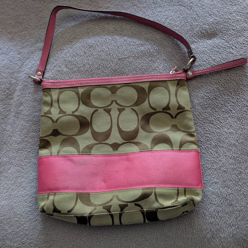 Coach Pink and Tan Signature Shoulder Bag